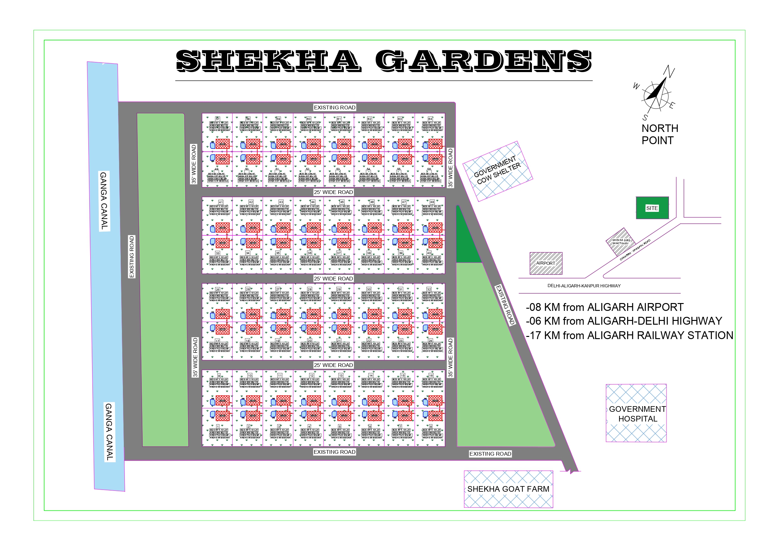 North Point site plan: roads, parks, plot types A through E, and detail table